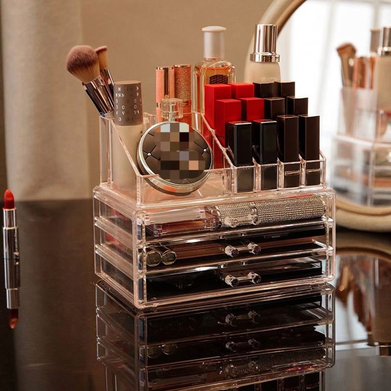 Acrylic Makeup Organizer Skin Care Large Clear Cosmetic Display Cases Stackable Storage Box With 3 Drawers For Vanity