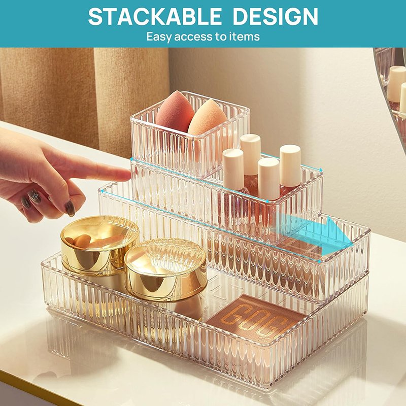 4-Size Clear Acrylic Stackable Makeup and Vanity Drawer Organizers Bins Bathroom Drawer Trays Storage Containers