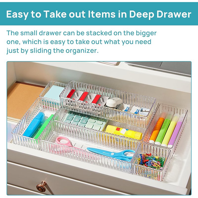 4-Size Clear Acrylic Stackable Makeup and Vanity Drawer Organizers Bins Bathroom Drawer Trays Storage Containers