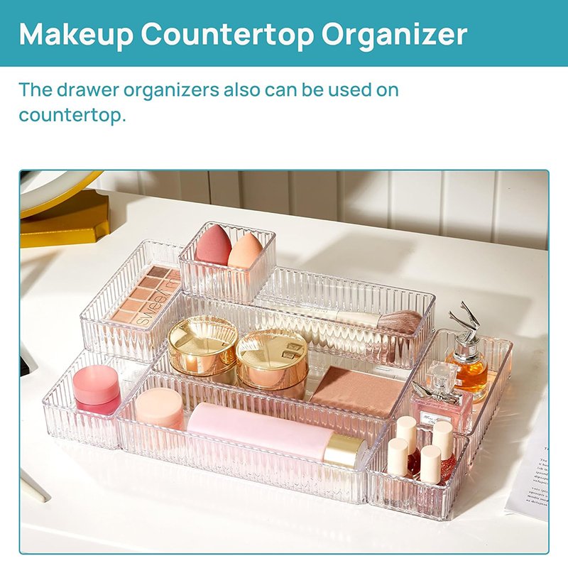 4-Size Clear Acrylic Stackable Makeup and Vanity Drawer Organizers Bins Bathroom Drawer Trays Storage Containers