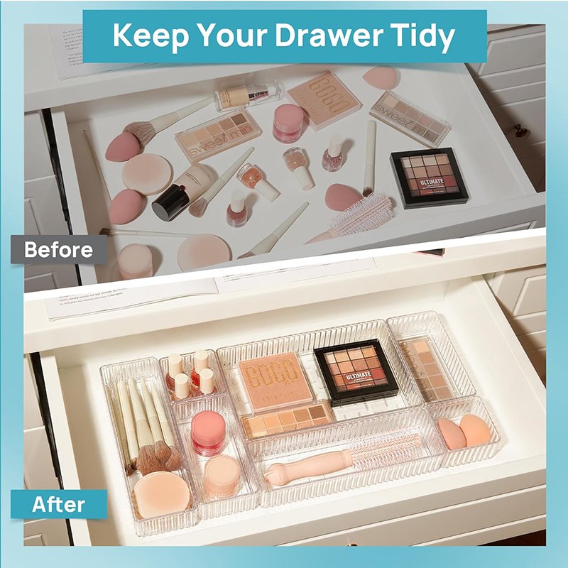 4-Size Clear Acrylic Stackable Makeup and Vanity Drawer Organizers Bins Bathroom Drawer Trays Storage Containers