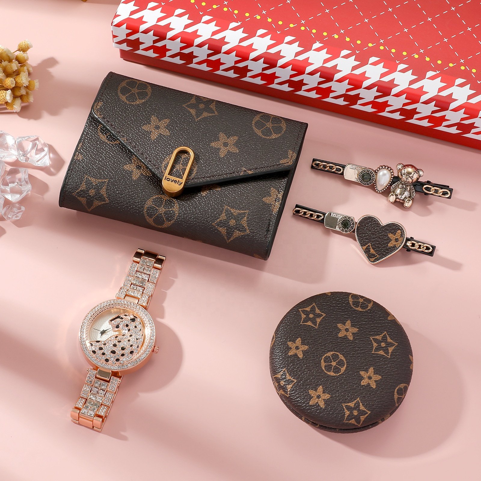 Wholesale 5pcs/set women's fashionable and minimalist light luxury watch wallet clip makeup mirror cover gift wedding gifts