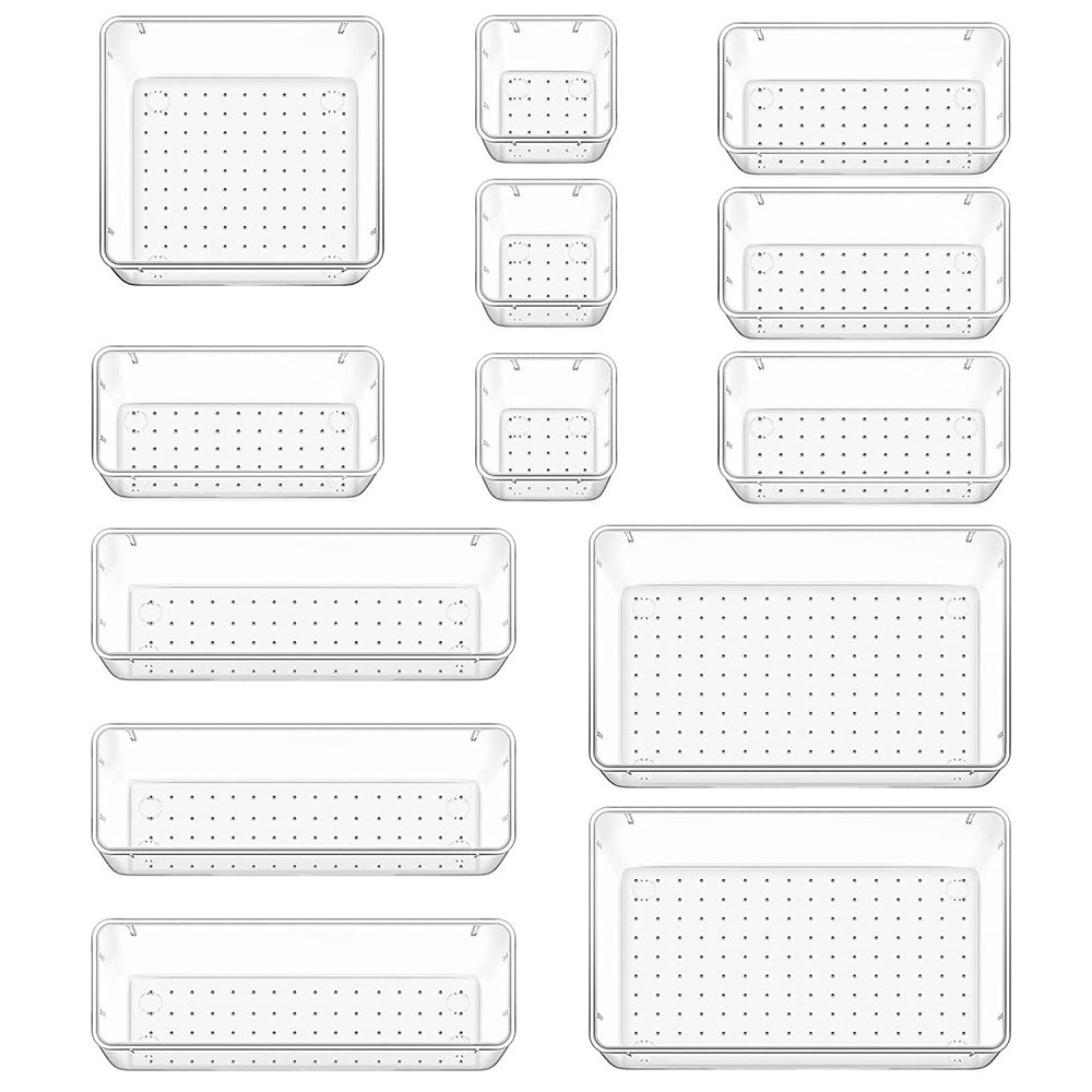 13pcs Eco-Friendly Plastic Drawer Organizer Clear Makeup Vanity Storage Jewelry Box Trays Detachable Bathroom Drawer Dividers