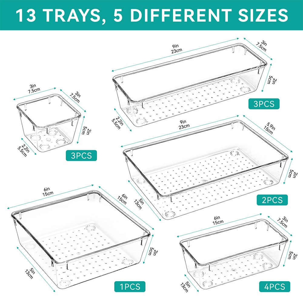 13pcs Eco-Friendly Plastic Drawer Organizer Clear Makeup Vanity Storage Jewelry Box Trays Detachable Bathroom Drawer Dividers
