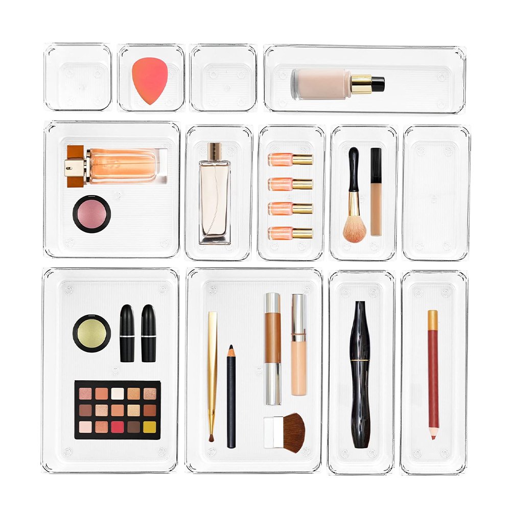13pcs Eco-Friendly Plastic Drawer Organizer Clear Makeup Vanity Storage Jewelry Box Trays Detachable Bathroom Drawer Dividers