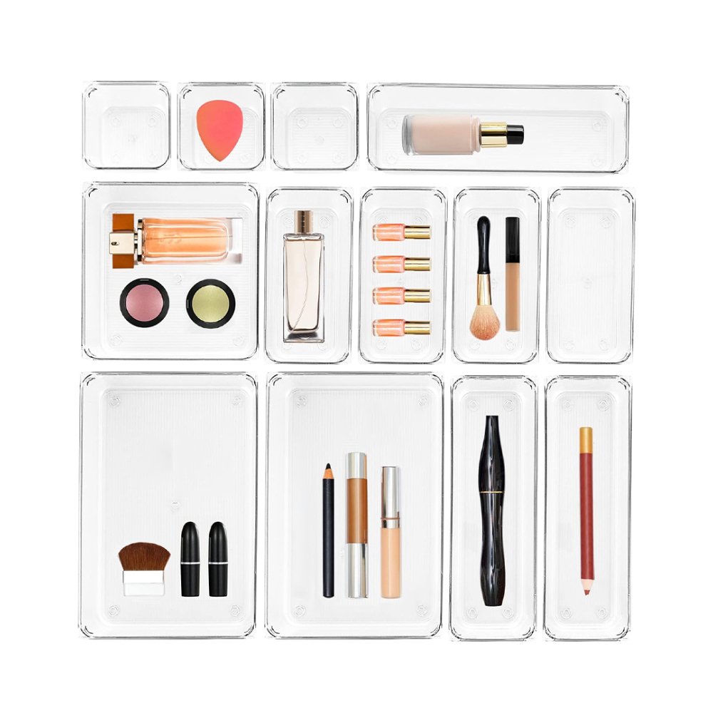 13pcs Eco-Friendly Plastic Drawer Organizer Clear Makeup Vanity Storage Jewelry Box Trays Detachable Bathroom Drawer Dividers