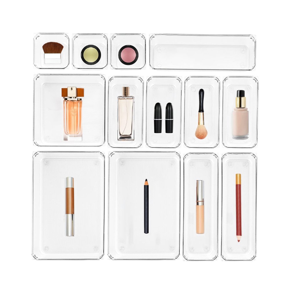 13pcs Eco-Friendly Plastic Drawer Organizer Clear Makeup Vanity Storage Jewelry Box Trays Detachable Bathroom Drawer Dividers