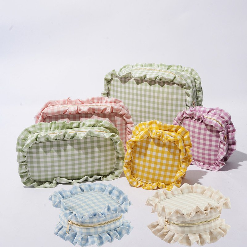 Custom Logo Mult Portable Travel Storage Gingham Plaid Ruffle Pouch Zipper Cosmetic Accessories Makeup Organizers Make up Bag
