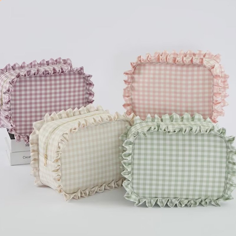 Custom Logo Mult Portable Travel Storage Gingham Plaid Ruffle Pouch Zipper Cosmetic Accessories Makeup Organizers Make up Bag