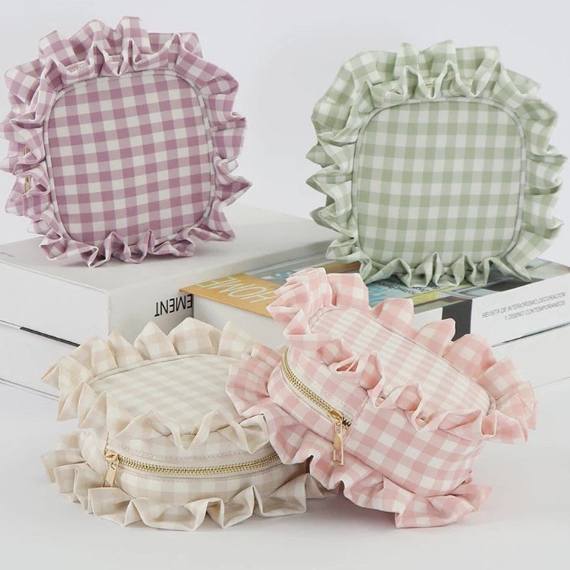 Custom Logo Mult Portable Travel Storage Gingham Plaid Ruffle Pouch Zipper Cosmetic Accessories Makeup Organizers Make up Bag