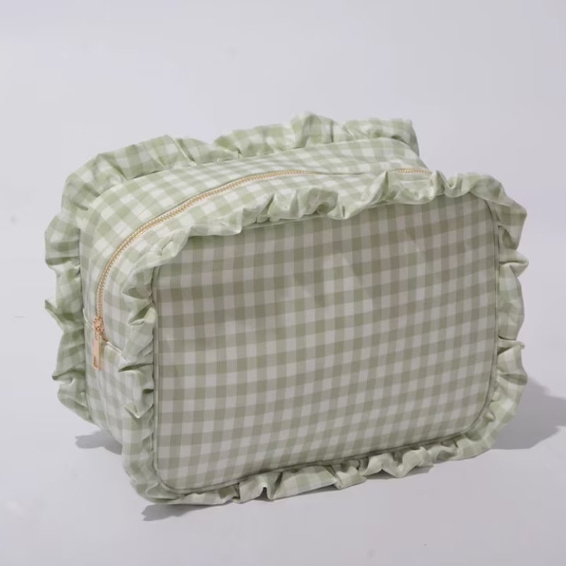 Custom Logo Mult Portable Travel Storage Gingham Plaid Ruffle Pouch Zipper Cosmetic Accessories Makeup Organizers Make up Bag