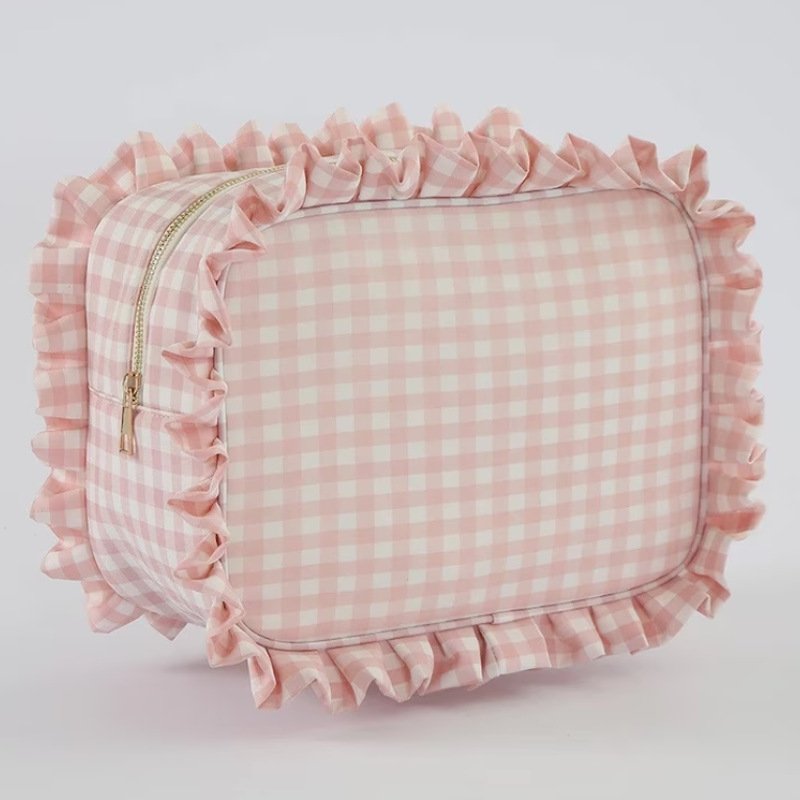 Custom Logo Mult Portable Travel Storage Gingham Plaid Ruffle Pouch Zipper Cosmetic Accessories Makeup Organizers Make up Bag