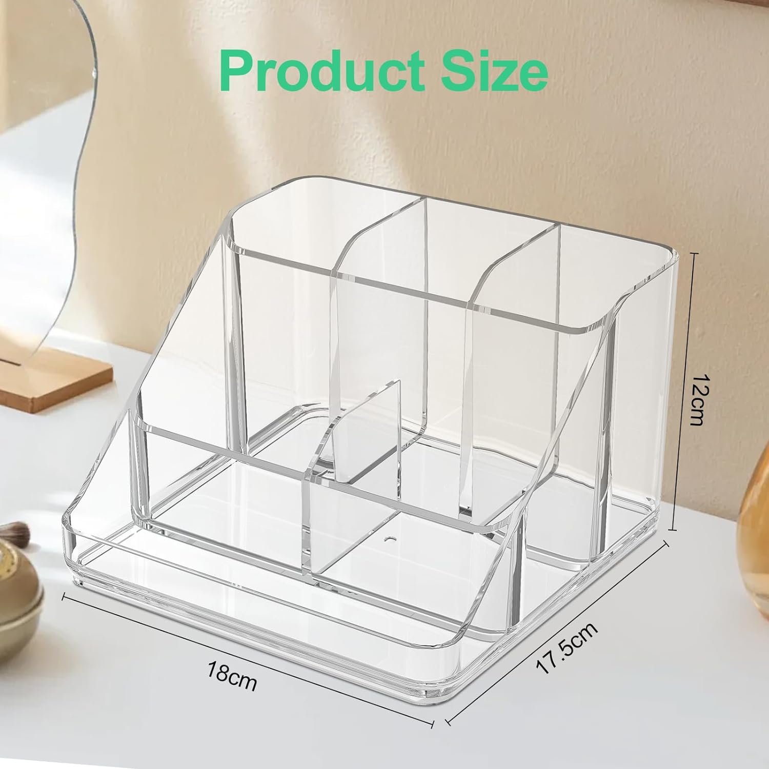 Makeup Organizer, 6-Compartment Divided Clear Makeup Brush Holder for Vanity, Thickened Acrylic Cosmetic Organizer