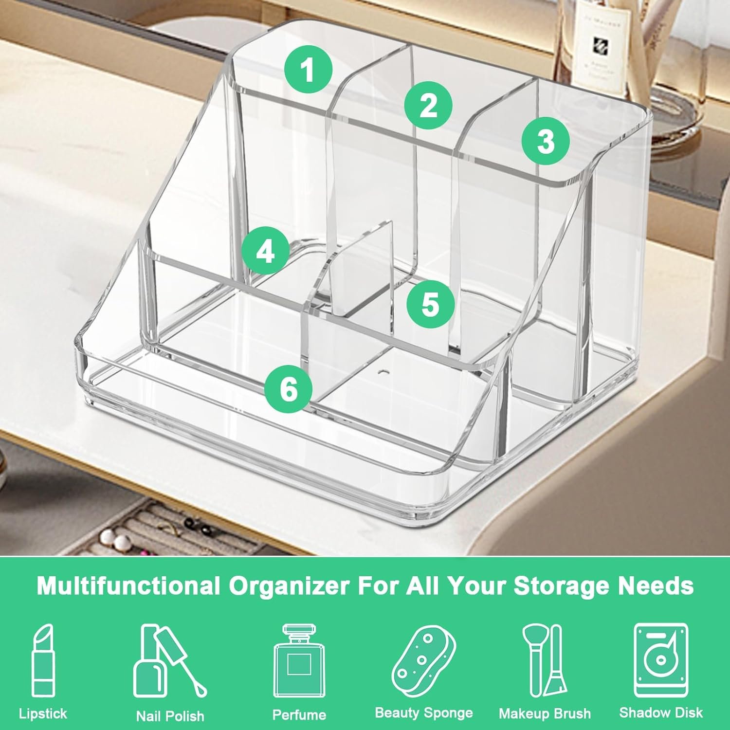Makeup Organizer, 6-Compartment Divided Clear Makeup Brush Holder for Vanity, Thickened Acrylic Cosmetic Organizer