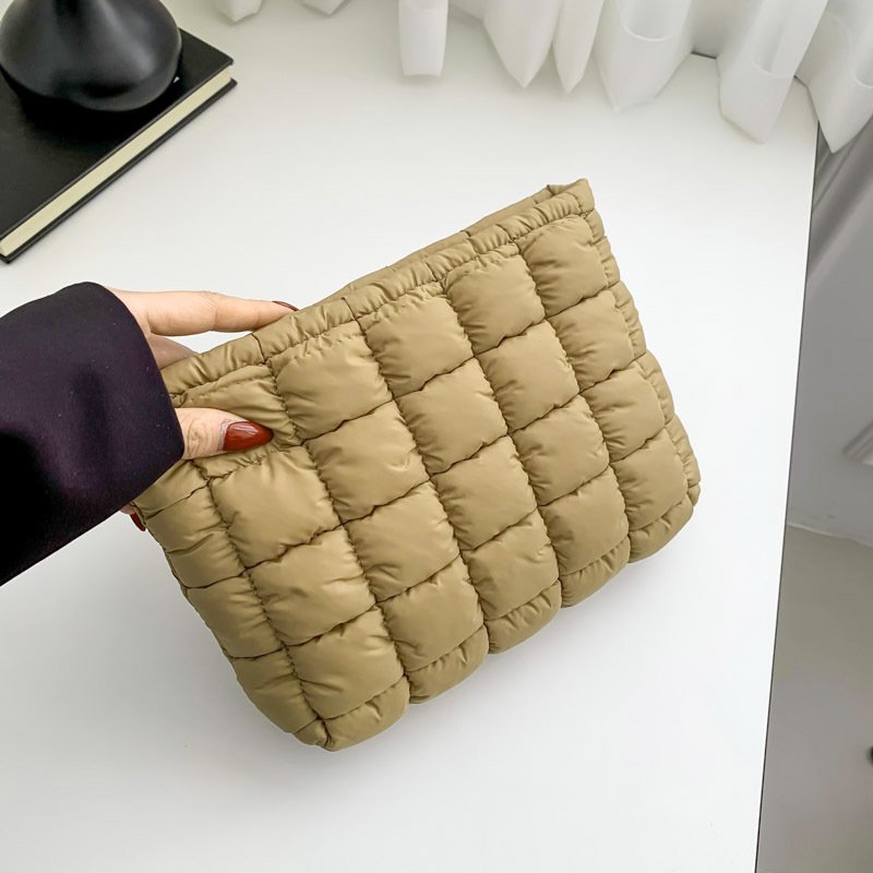Custom Logo Puffer Padded Quilted Nylon Black Cosmetic Makeup Toiletry Organizer Waterproof Beauty Skincare Pouch Bag