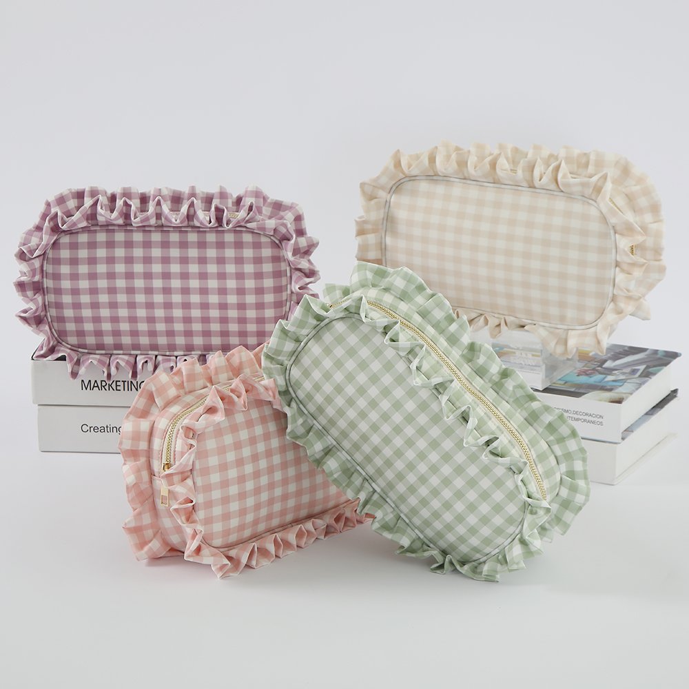 OEM ODM Customize Logo 4 Colors Sizes Zipper Soft Cotton Storage Gingham Cosmetic Organizers Portable Travel Ruffle Makeup Bag