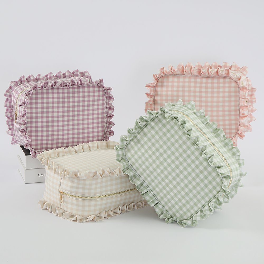 OEM ODM Customize Logo 4 Colors Sizes Zipper Soft Cotton Storage Gingham Cosmetic Organizers Portable Travel Ruffle Makeup Bag