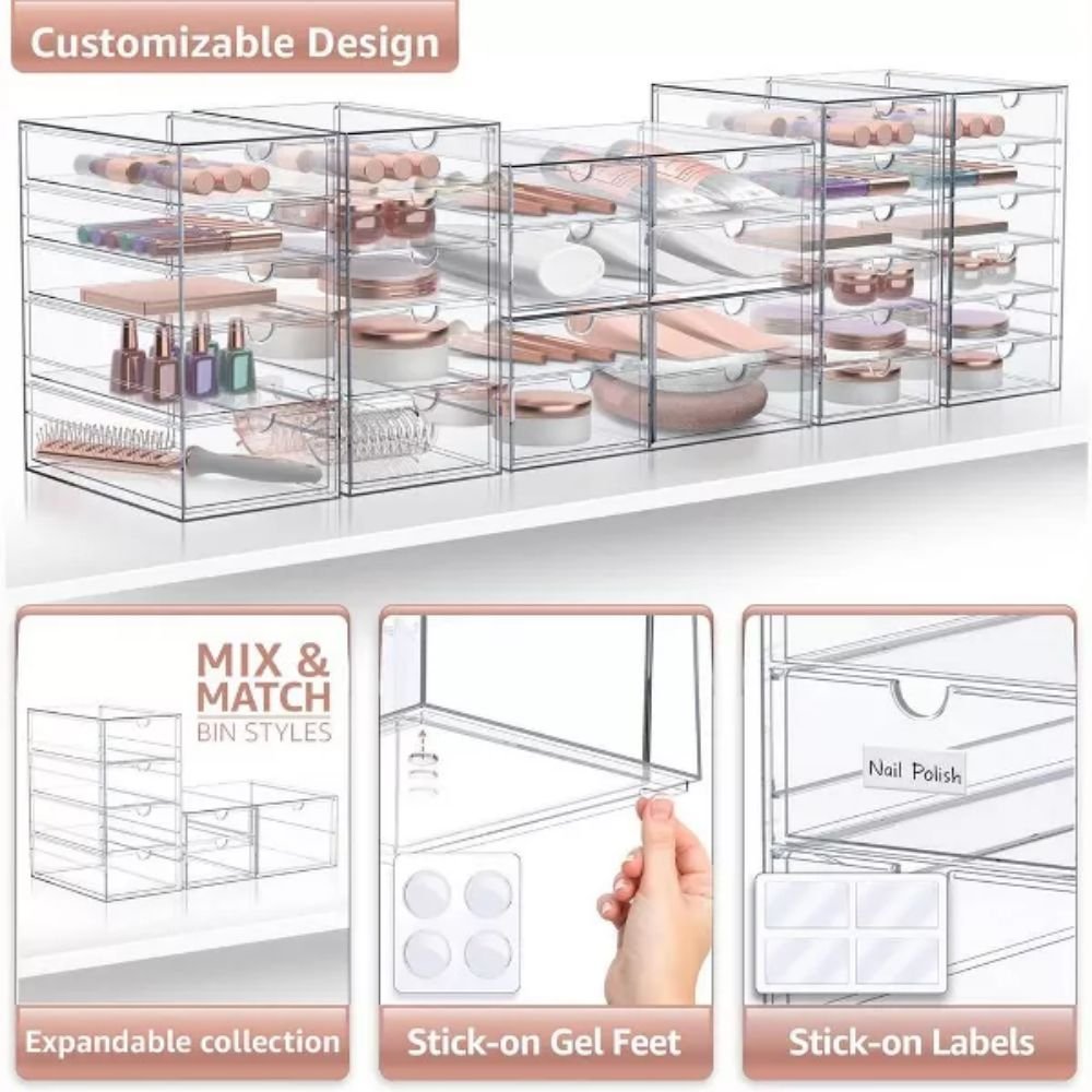 6-Piece Set Clear Acrylic Storage Drawers 30-Drawer Makeup Jewelry Stationary Organizer Art Supplies Stackable Storage