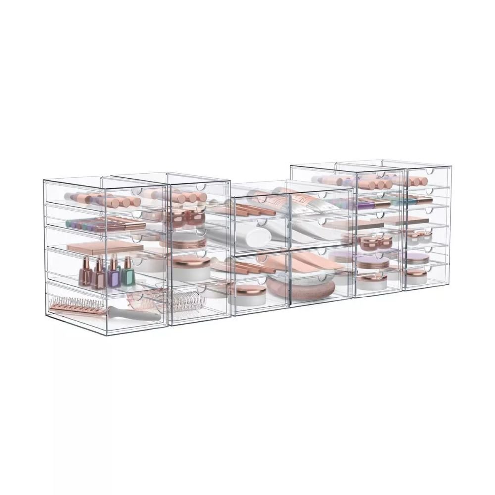 6-Piece Set Clear Acrylic Storage Drawers 30-Drawer Makeup Jewelry Stationary Organizer Art Supplies Stackable Storage