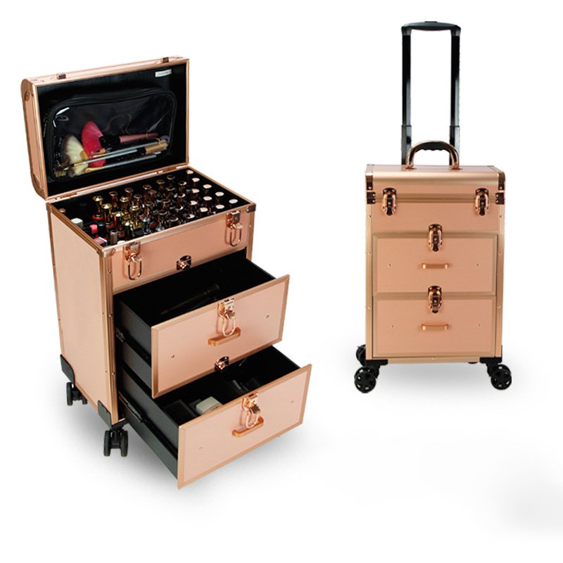 Professional Multi-layer Makeup Box Trolley Beauty Case Cosmetic Suitcase Candy Makeup Organizers Aluminum Fashionable Pink 1pcs