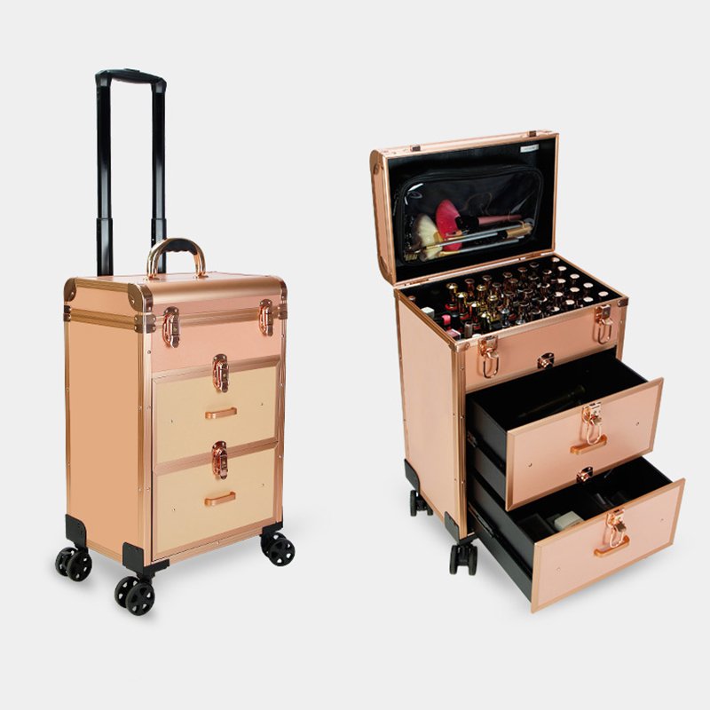 Professional Multi-layer Makeup Box Trolley Beauty Case Cosmetic Suitcase Candy Makeup Organizers Aluminum Fashionable Pink 1pcs
