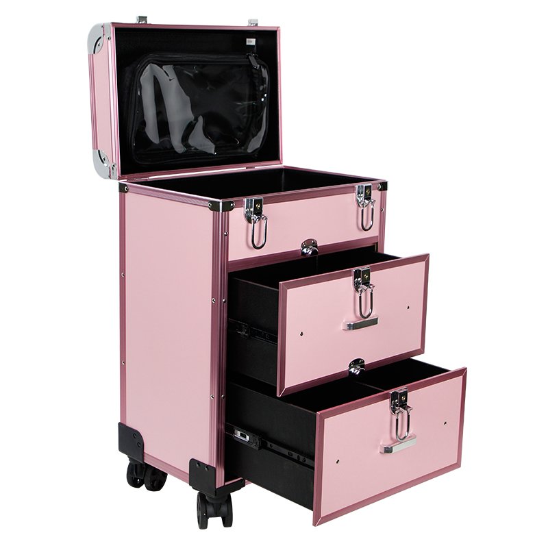 Professional Multi-layer Makeup Box Trolley Beauty Case Cosmetic Suitcase Candy Makeup Organizers Aluminum Fashionable Pink 1pcs