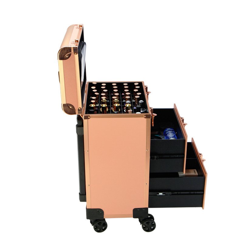 Professional Multi-layer Makeup Box Trolley Beauty Case Cosmetic Suitcase Candy Makeup Organizers Aluminum Fashionable Pink 1pcs