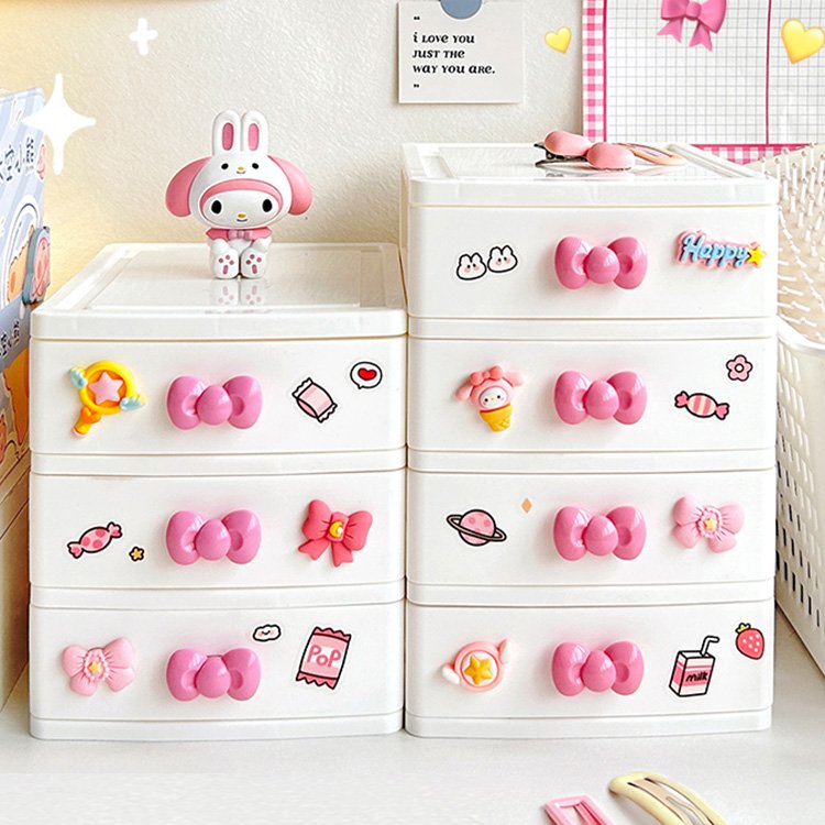 2/3/4-Layer White Pink Plastic Organizer Boxes with Cute Bowknot Handle Desktop Makeup Hair Jewelry Storage Containers Cabinet