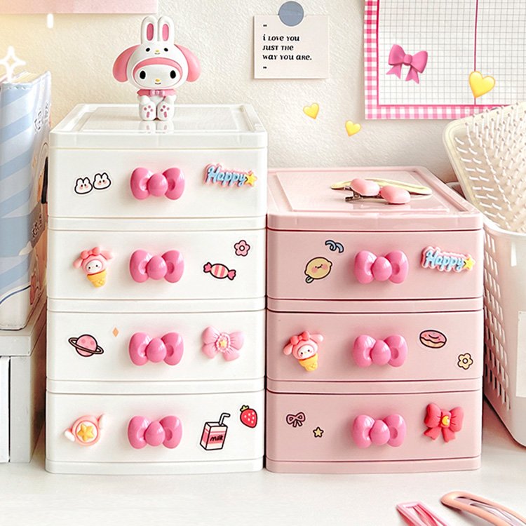 2/3/4-Layer White Pink Plastic Organizer Boxes with Cute Bowknot Handle Desktop Makeup Hair Jewelry Storage Containers Cabinet