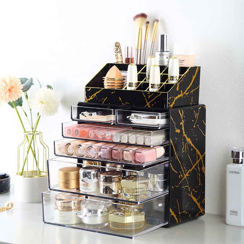 Vanity cosmetic and jewelry storage box drawers brush holder black marble 2 piece pack plastic makeup organizer