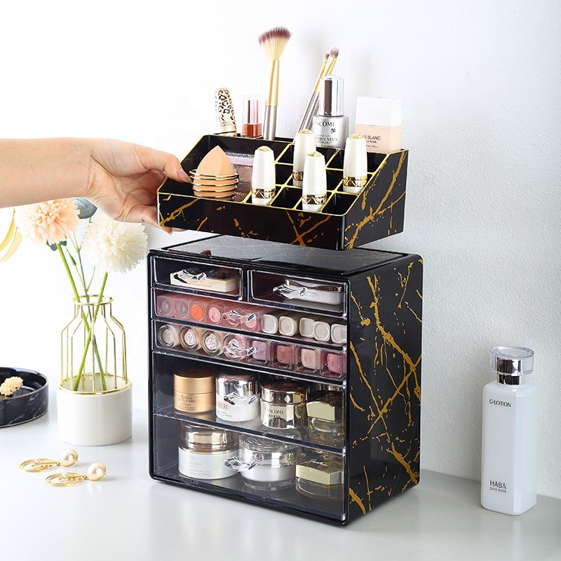 Vanity cosmetic and jewelry storage box drawers brush holder black marble 2 piece pack plastic makeup organizer
