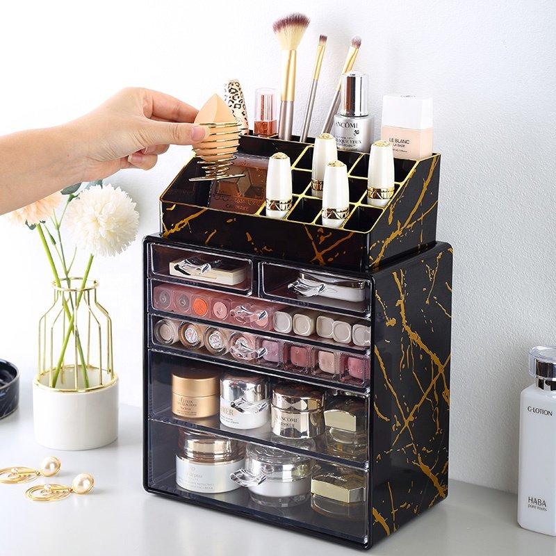 Vanity cosmetic and jewelry storage box drawers brush holder black marble 2 piece pack plastic makeup organizer