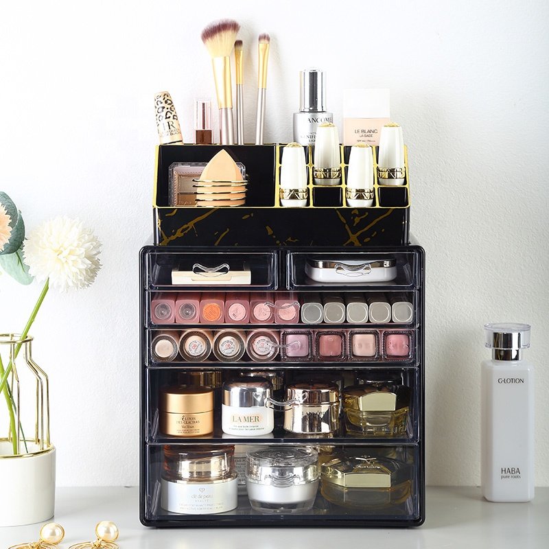 Vanity cosmetic and jewelry storage box drawers brush holder black marble 2 piece pack plastic makeup organizer