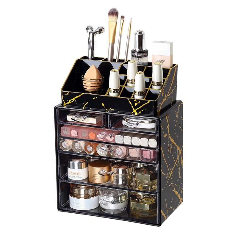 Vanity cosmetic and jewelry storage box drawers brush holder black marble 2 piece pack plastic makeup organizer