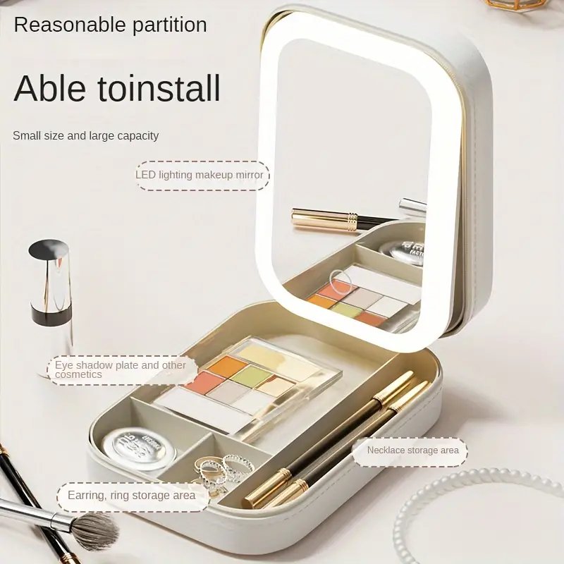 Makeup Storage Box with LED Light Mirror Touch Light Storage Organizer Portable Travel Makeup Cosmetics Storage Box