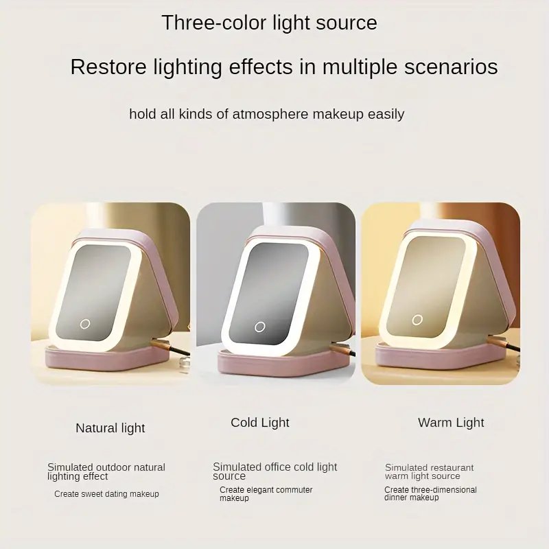 Makeup Storage Box with LED Light Mirror Touch Light Storage Organizer Portable Travel Makeup Cosmetics Storage Box