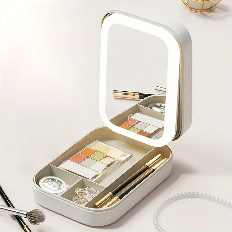 Makeup Storage Box with LED Light Mirror Touch Light Storage Organizer Portable Travel Makeup Cosmetics Storage Box