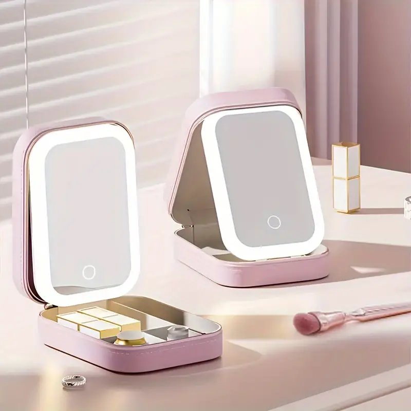 Makeup Storage Box with LED Light Mirror Touch Light Storage Organizer Portable Travel Makeup Cosmetics Storage Box