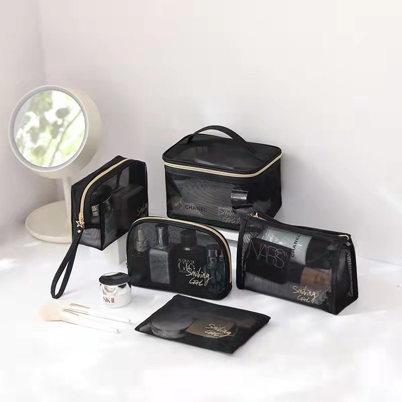 Mesh Cosmetic Bag Black Travel Mesh Zipper Makeup Kit Organizer Bag Pouch For Women