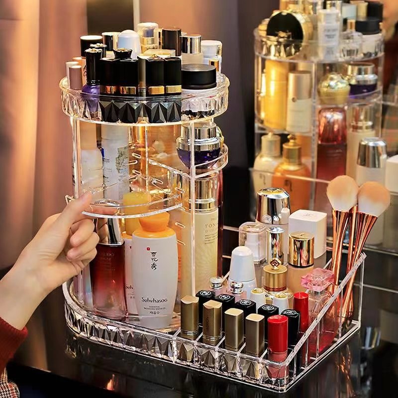 Glamour fashion cosmetics storage box transparent rotating table acrylic dresser lipstick skin care rear shelf