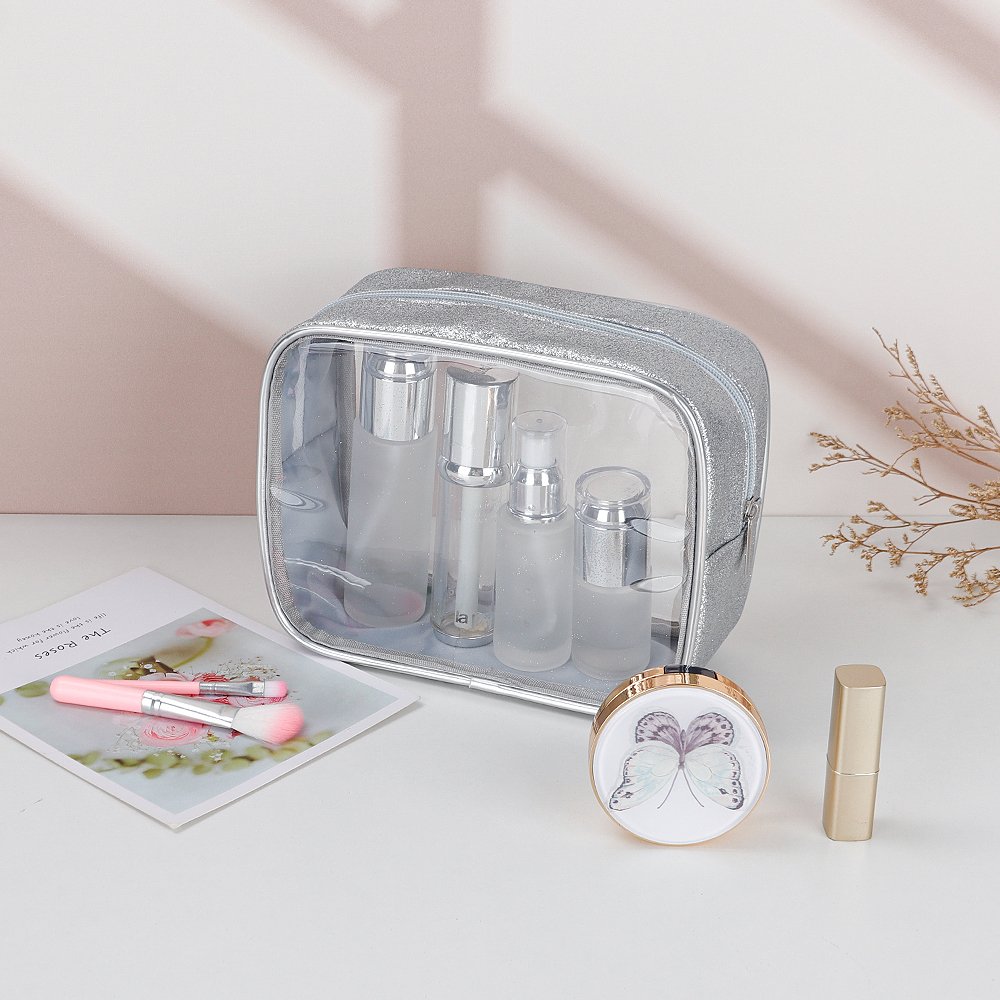 Custom Glitter Silvery Edging Make Up Pouch Women Clear Makeup Bag Cosmetic Organizer