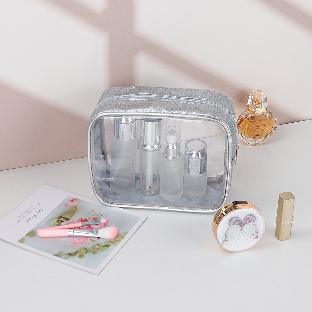 Custom Glitter Silvery Edging Make Up Pouch Women Clear Makeup Bag Cosmetic Organizer