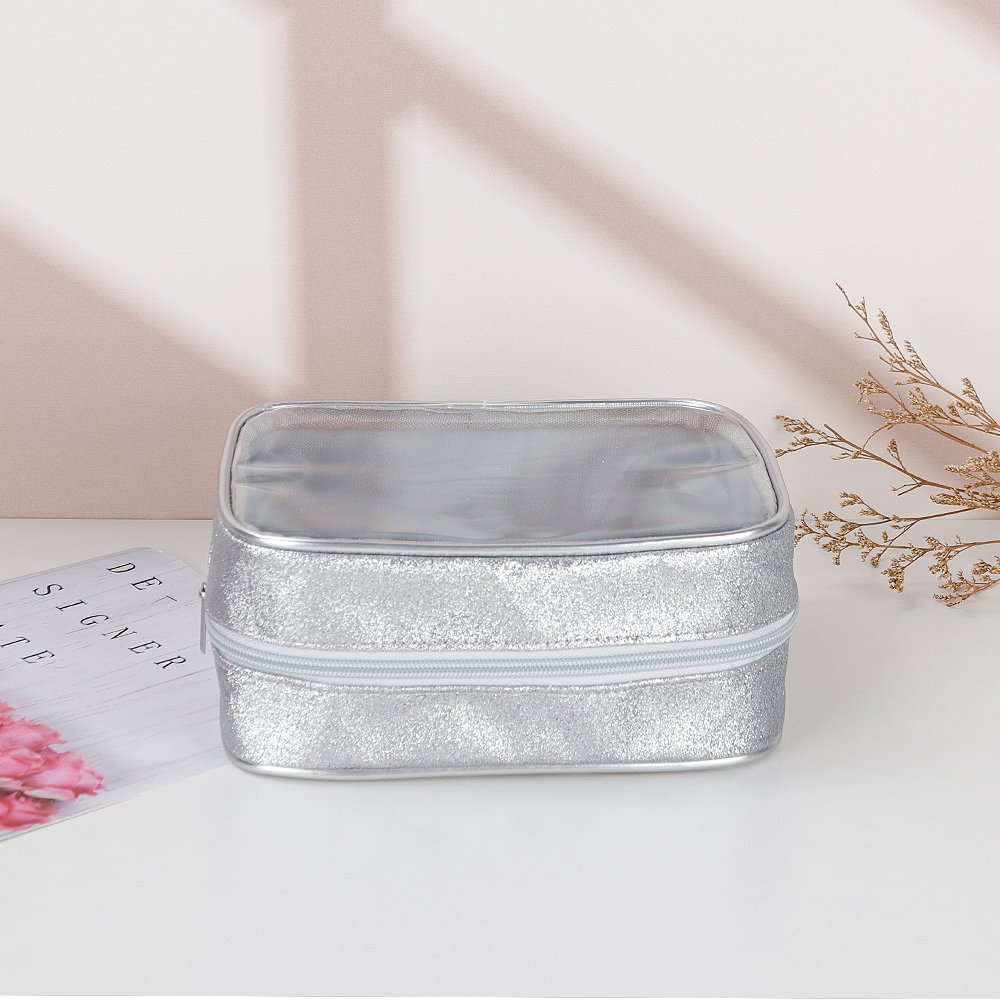 Custom Glitter Silvery Edging Make Up Pouch Women Clear Makeup Bag Cosmetic Organizer