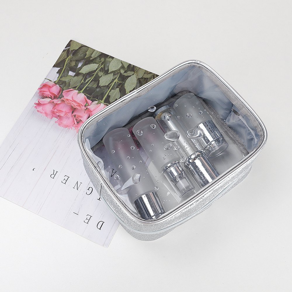 Custom Glitter Silvery Edging Make Up Pouch Women Clear Makeup Bag Cosmetic Organizer