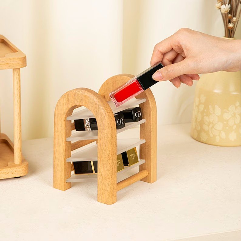 Wooden Lipstick Organizer Makeup Storage for Lipstick Eyebrow Pencil Brush Desktop Rack Storage Box Gift for Her