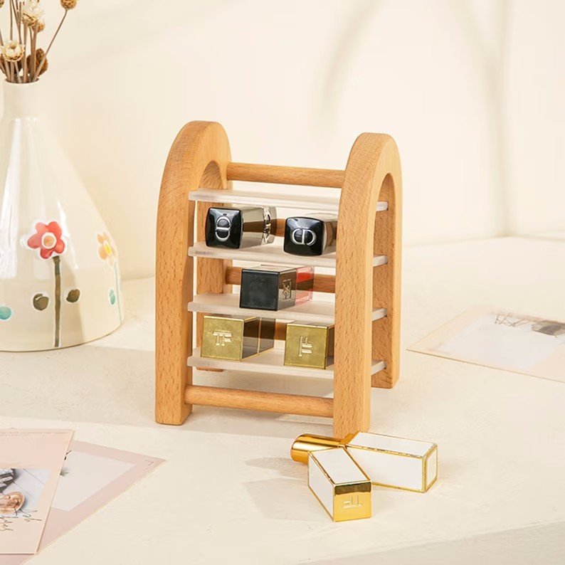 Wooden Lipstick Organizer Makeup Storage for Lipstick Eyebrow Pencil Brush Desktop Rack Storage Box Gift for Her