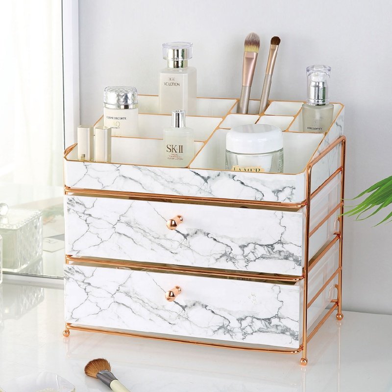 Fashion PS marble cosmetic organiser with metal knob make up collection case plastic makeup drawer storage organizer
