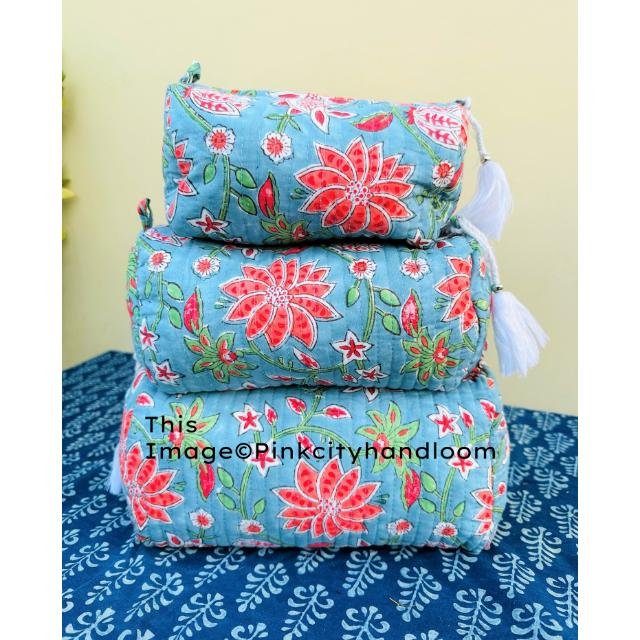 Women Hand Bag Travel Pouches Quilted Cosmetic Organizer Handmade Block Printed Toiletry pouch Makeup Accessory