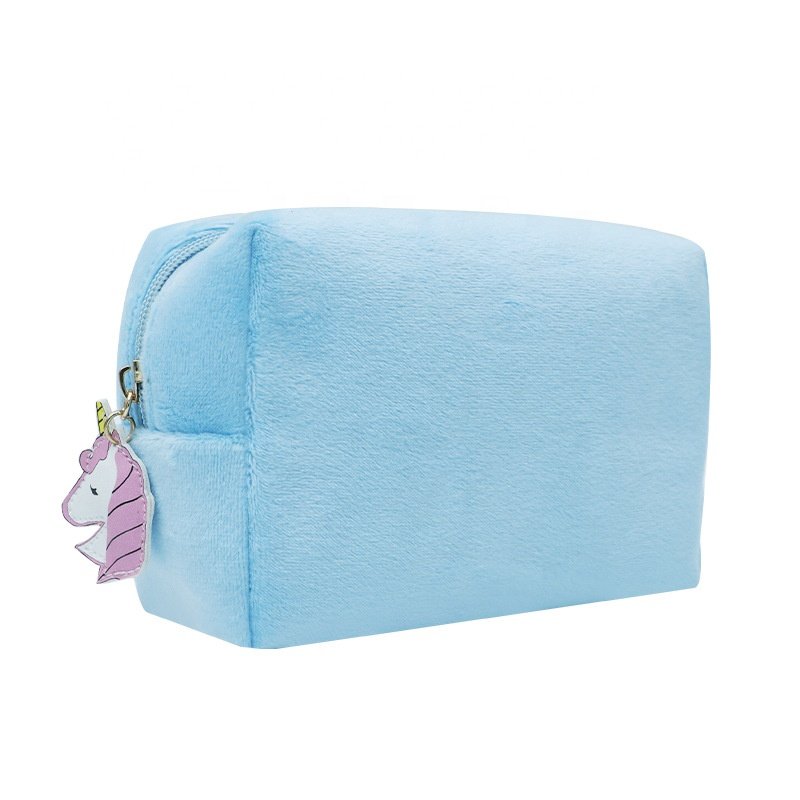 High Quality Custom Logo Square Plush Makeup Bag With Personalized Zip Puller , Velvet Cosmetic Bag Small Travel Makeup Pouch*