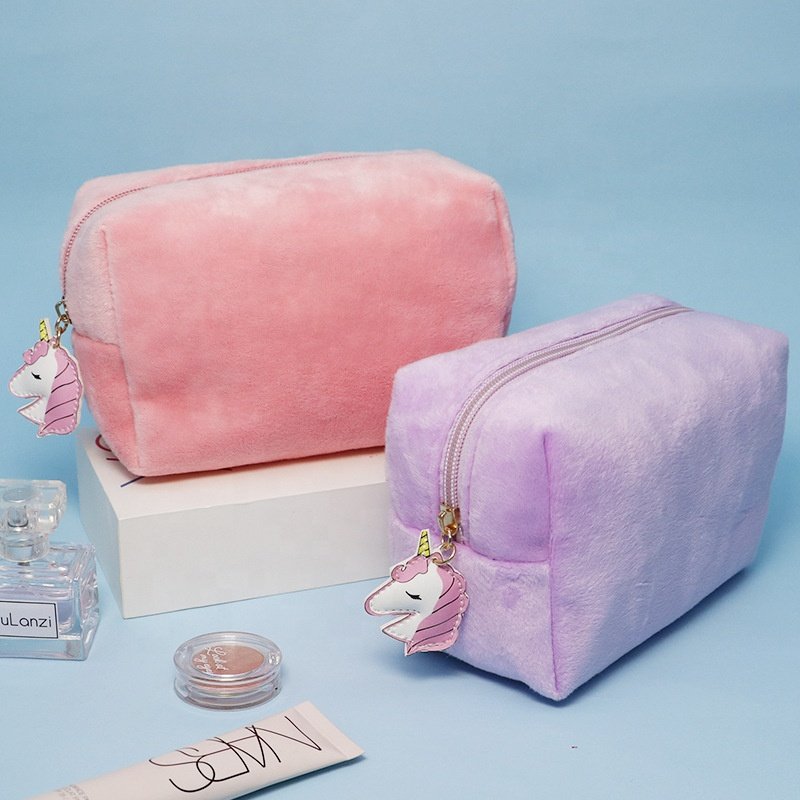 High Quality Custom Logo Square Plush Makeup Bag With Personalized Zip Puller , Velvet Cosmetic Bag Small Travel Makeup Pouch*